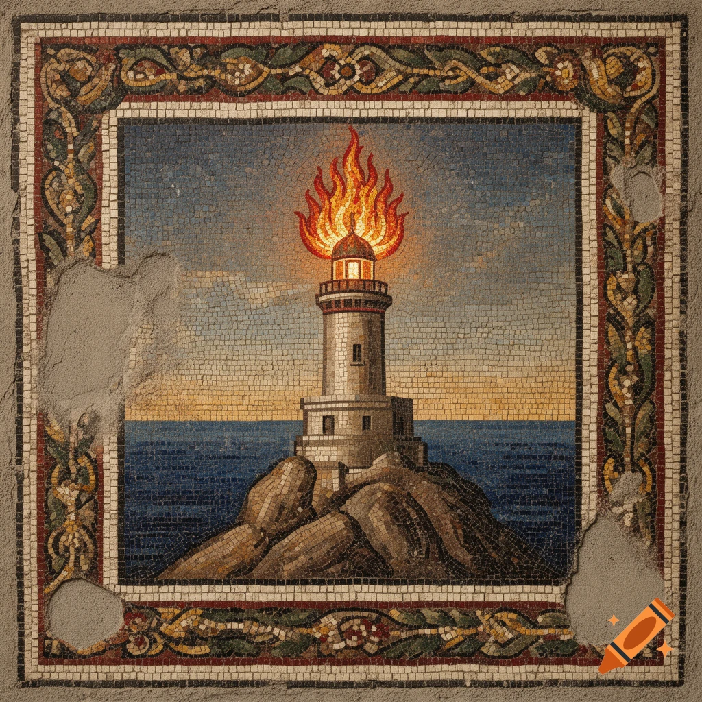 Ancient Roman mosaic art depicting a lighthouse with large flames on top, on rocks in the sea, with visible tesserae and weathered damage.