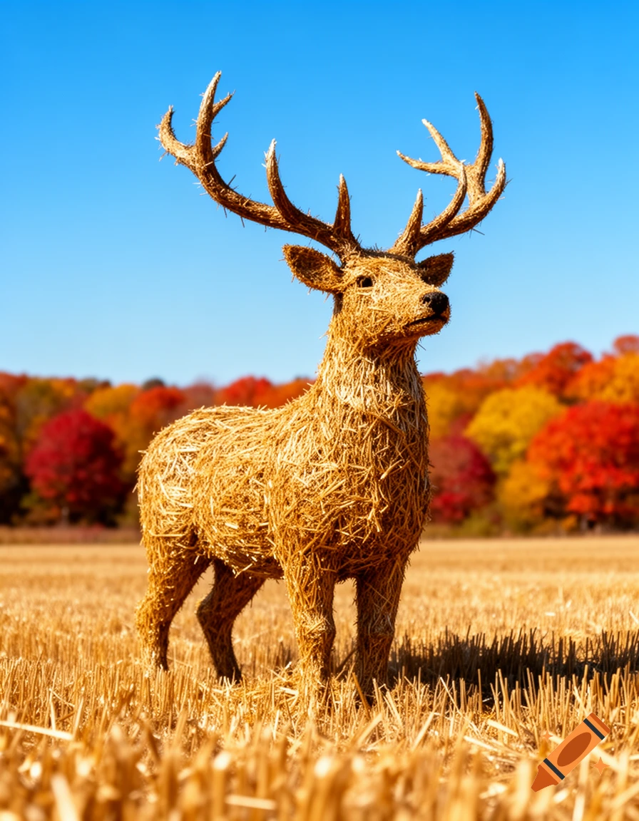 A photorealistic straw deer sculpture stands in a golden field against a backdrop of vibrant autumn trees and a clear blue sky.