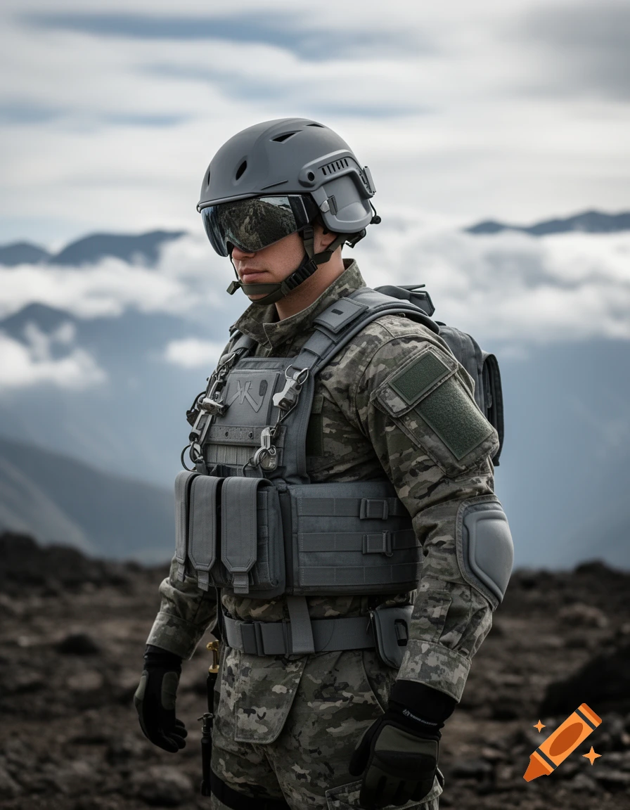 A soldier in grey and camouflage tactical gear, helmet, and visor stands against a cloudy, mountainous backdrop.
