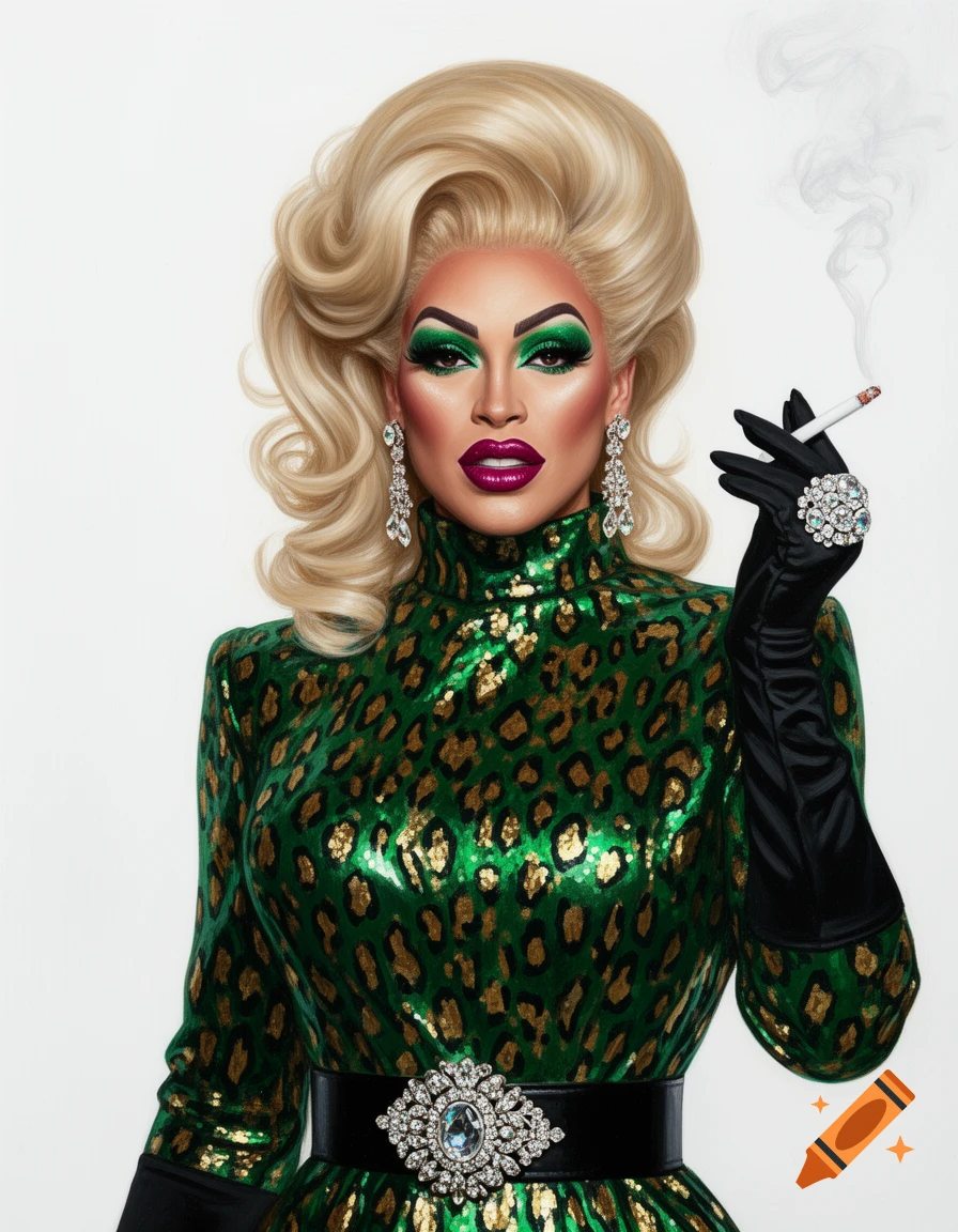 Stunning drag queen with voluminous blonde hair, glittery green eyeshadow, and magenta lips. She wears a metallic green leopard-print dress, black gloves, and a jeweled belt, holding a smoking cigarette against a white background.