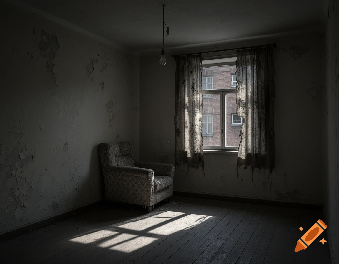 Dim, dilapidated room with peeling walls, an old armchair, and tattered curtains, lit by a shaft of sunlight.