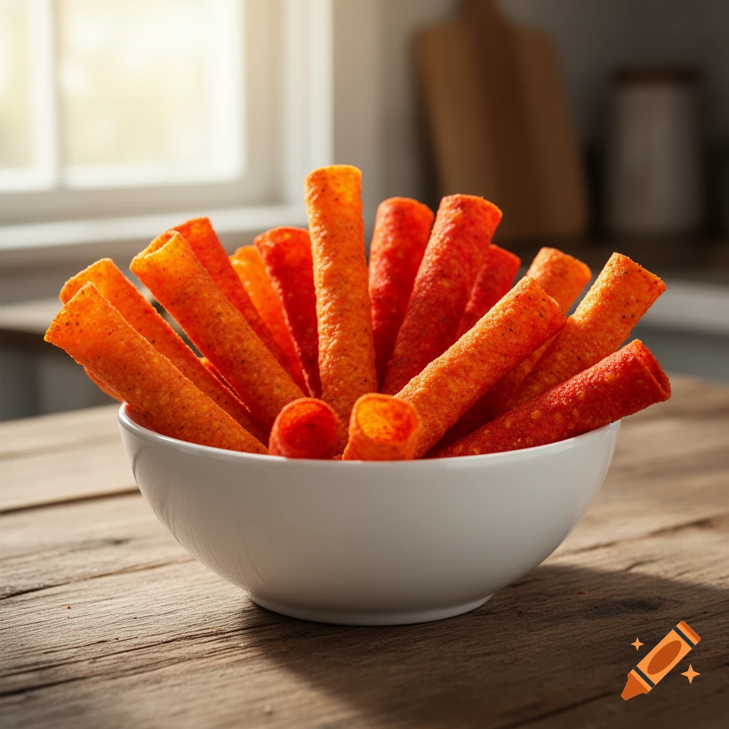 A white bowl filled with vibrant red and orange spicy rolled corn chips sits on a rustic wooden table near a sunlit window.