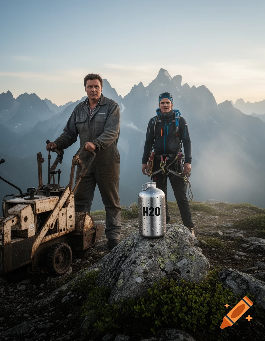 A worker with machinery and a mountaineer stand on a rocky mountain peak next to an H2O bottle, with vast peaks in the background. Photorealistic.