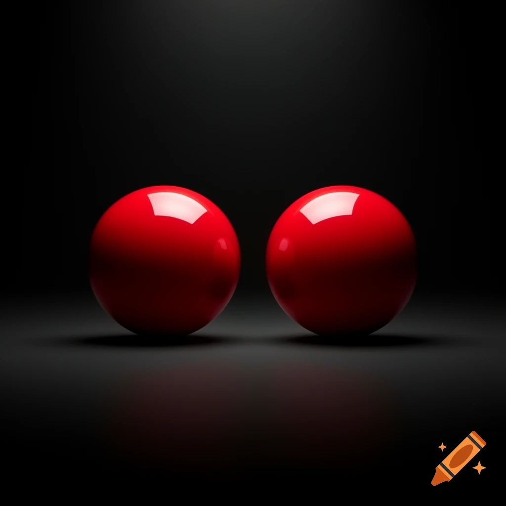 Two glossy red spheres resting on a dark, reflective surface, against a black background.