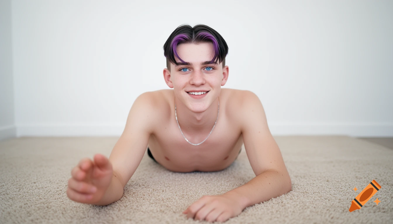 A young man with blue eyes and purple-streaked hair smiles while lying shirtless on a beige carpet.