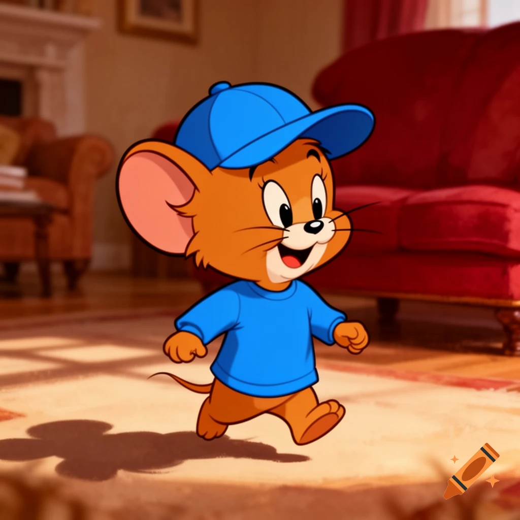 Jerry from Tom and Jerry, wearing a blue cap and t-shirt, walks happily in a living room.