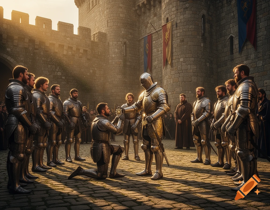 A knight kneels to receive an honor from a knight in ornate armor, surrounded by other knights in a sunlit castle courtyard, photorealistic style.
