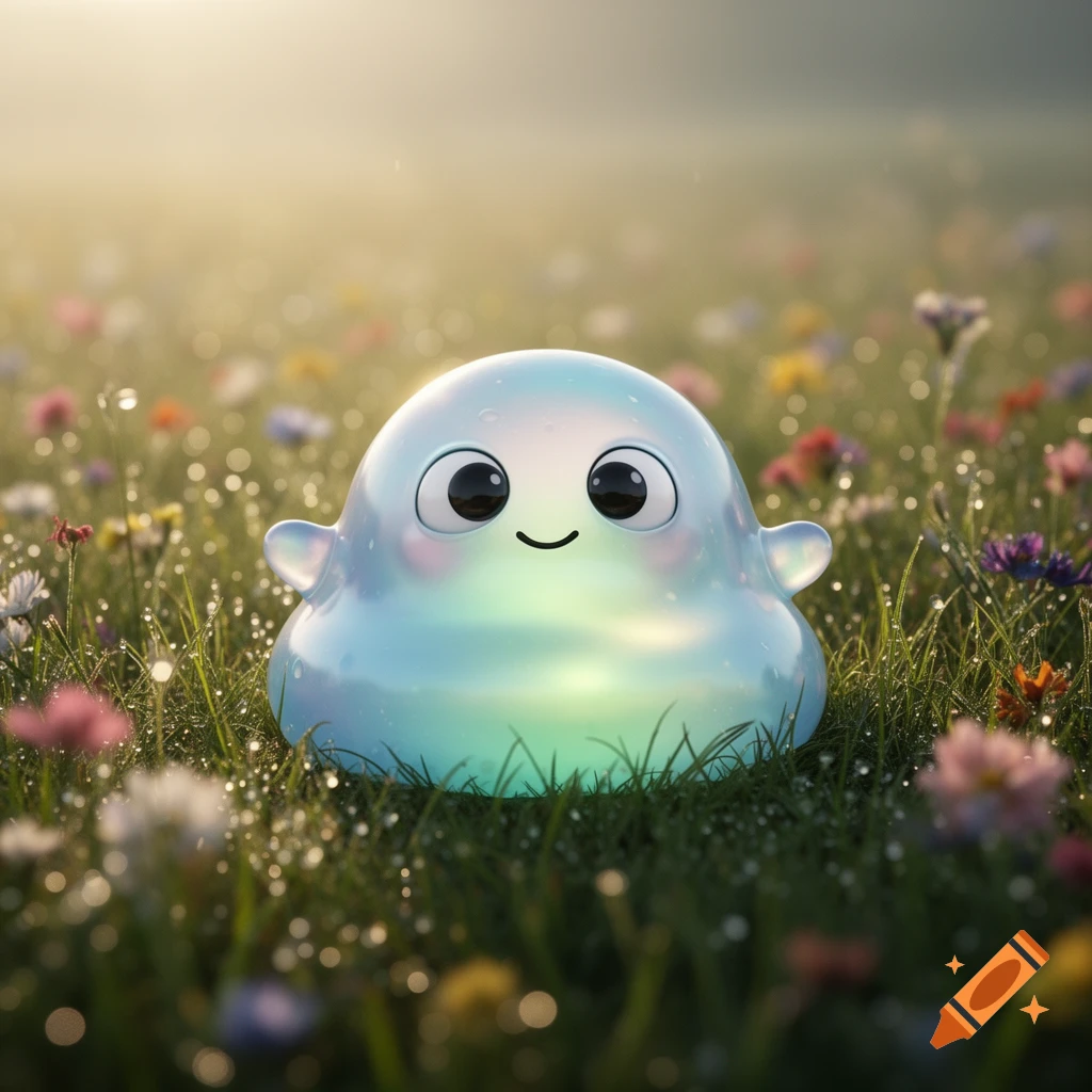 A cute, glowing, light blue slime creature with big eyes and a smile sitting in a field of dewy grass and colorful flowers.