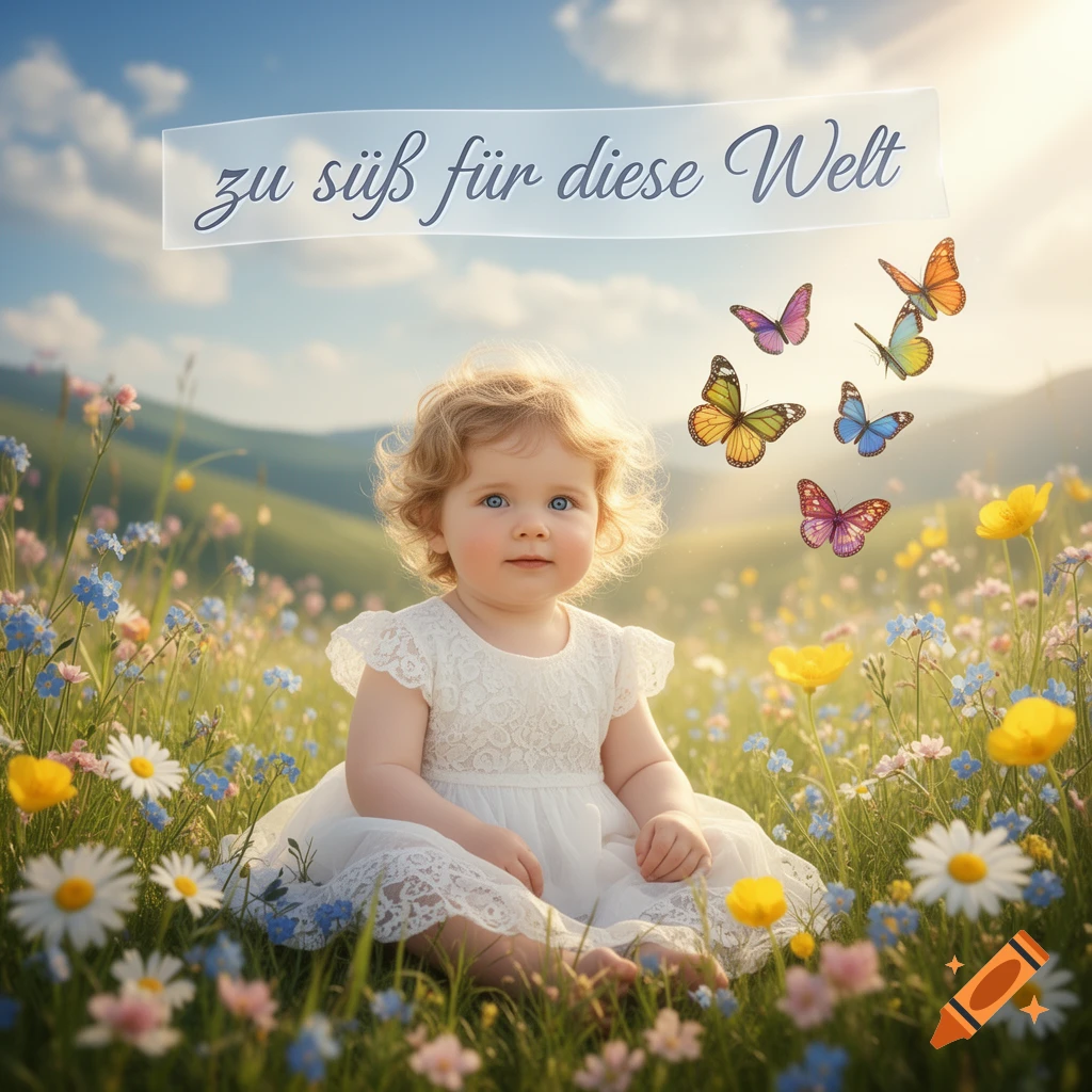 A cute baby with curly blonde hair and blue eyes sits in a sunny field of colorful wildflowers, surrounded by flying butterflies. A banner reads 'zu süß für diese Welt'.