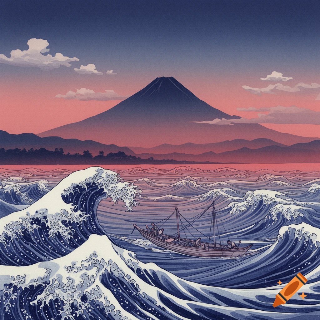 A Japanese Ukiyo-e woodblock print of a fishing boat on a stormy sea with large waves and Mount Fuji in the background.
