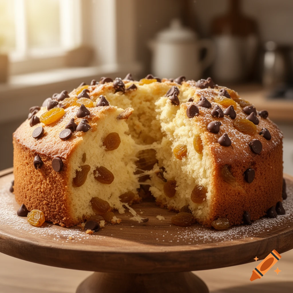 A photorealistic vanilla cake with chocolate chips and raisins, with a slice removed, on a wooden cake stand in a sunny kitchen.
