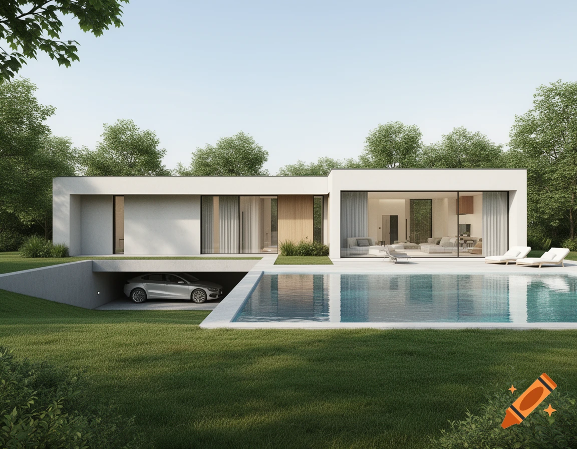 A modern, minimalist white house with a subterranean garage, a silver car, and a swimming pool, surrounded by green grass and trees under a clear sky.