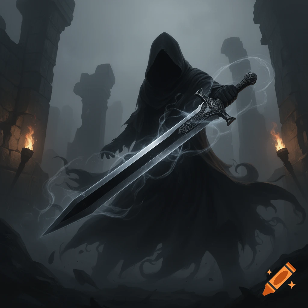 A dark, hooded figure in a shadowy, ruined landscape wields a glowing greatsword, shrouded in mist with torches flickering.