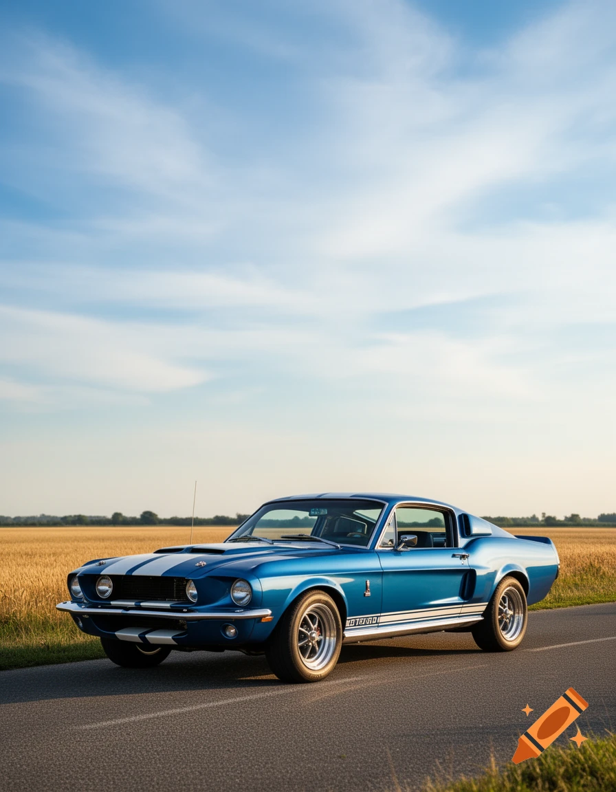 A blue 1967 Ford Mustang Shelby GT500 with white racing stripes on a road next to a golden field under a blue sky.