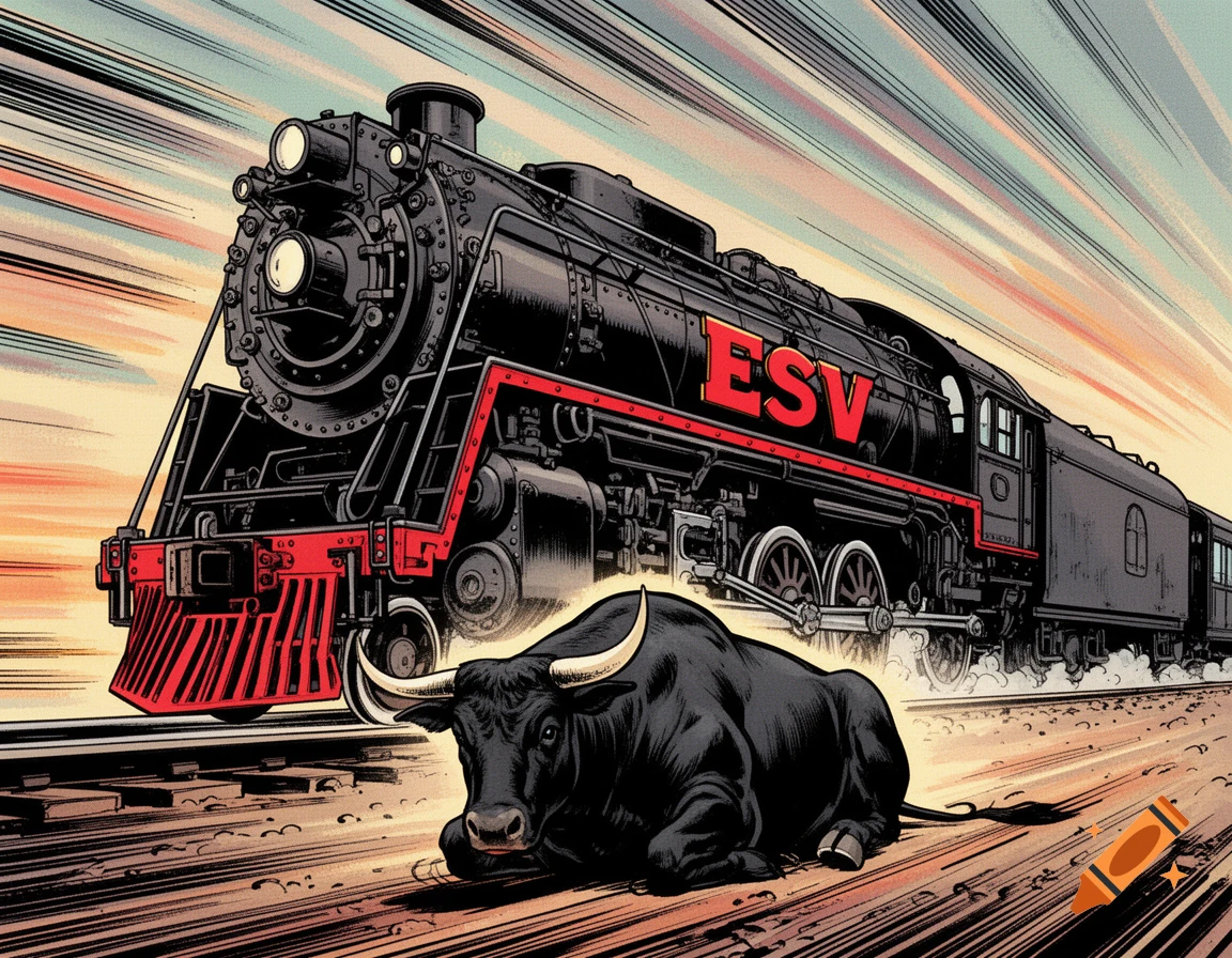Comic style illustration of a black bull lying on train tracks as a black and red steam locomotive with "ESV" on its side approaches rapidly.
