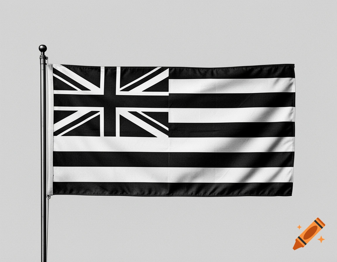 A black and white British East India Company flag with a monochromatic Union Jack and horizontal stripes, on a flagpole.