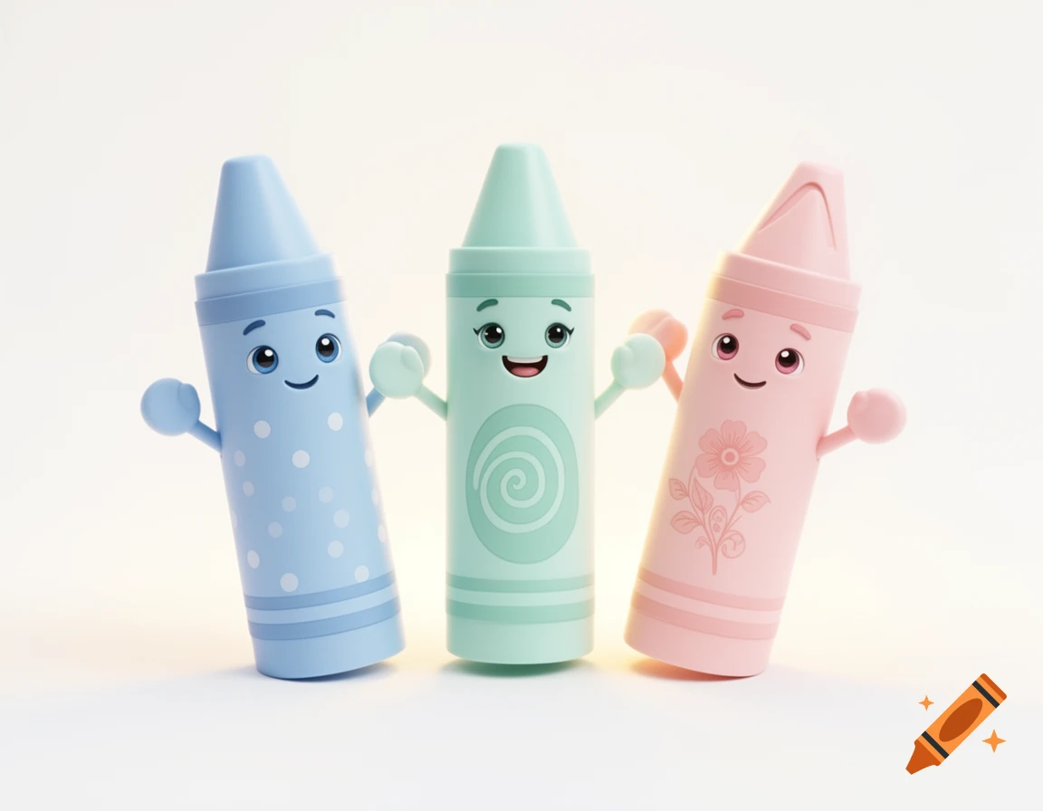 Three cute cartoon pastel-colored crayons with faces and arms, standing side by side on a white background.
