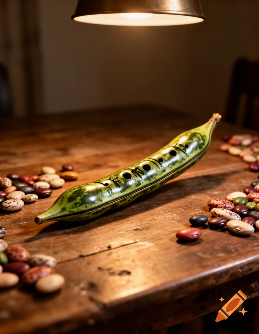 A green bean pod carved into a flute lies on a rustic wooden table, surrounded by scattered dried beans, under a warm light.