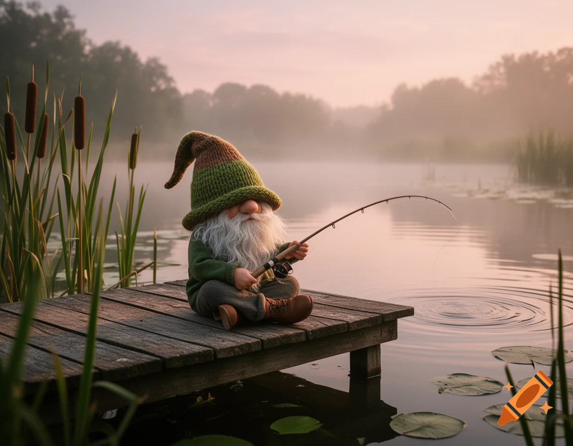 A whimsical gnome with a long white beard and a green knitted hat sits on a wooden dock, fishing in a misty lake at sunrise.