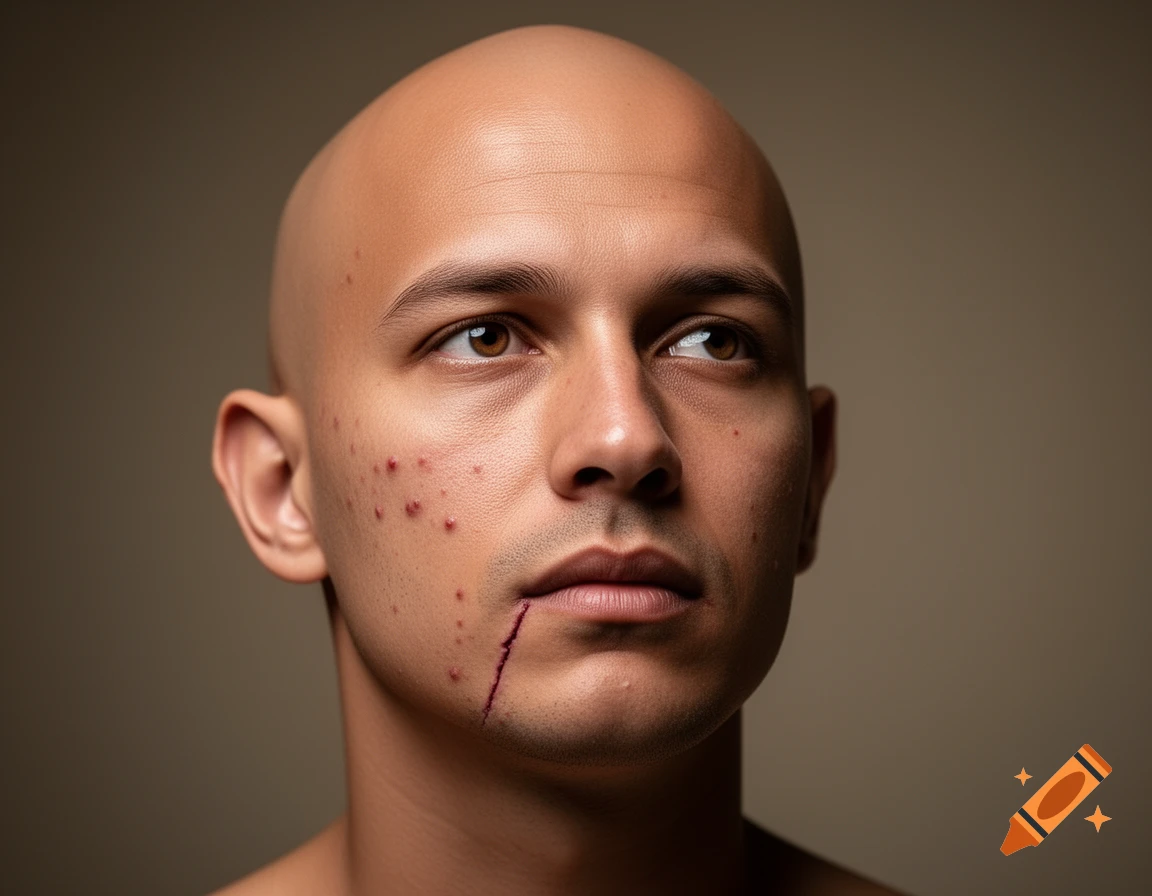 A close-up portrait of a bald man with acne and a cut below his mouth, looking up to the right.