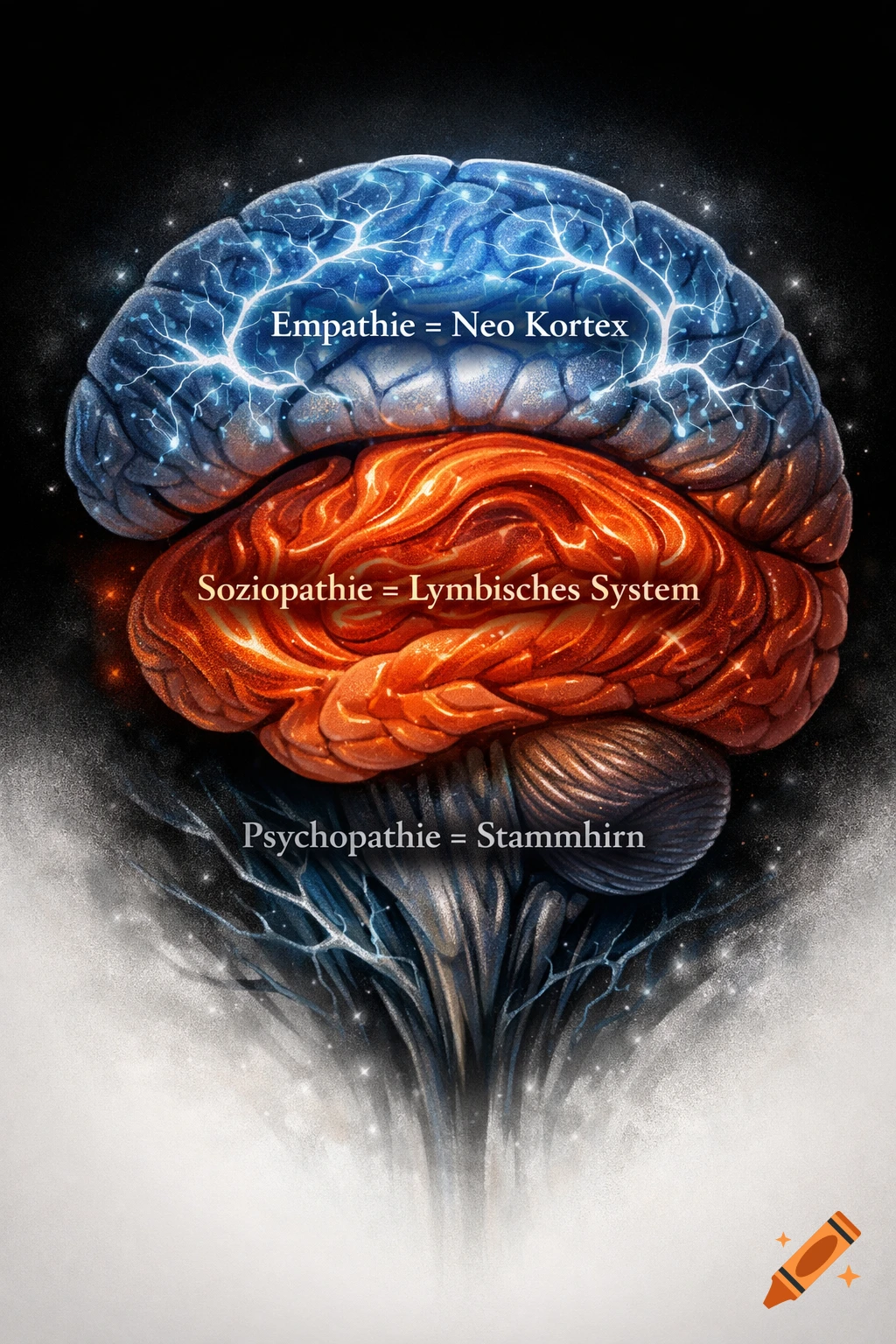 Stylized human brain cross-section with glowing blue, orange, and brown segments, labeled in German linking empathy, sociopathy, and psychopathy to specific brain regions.