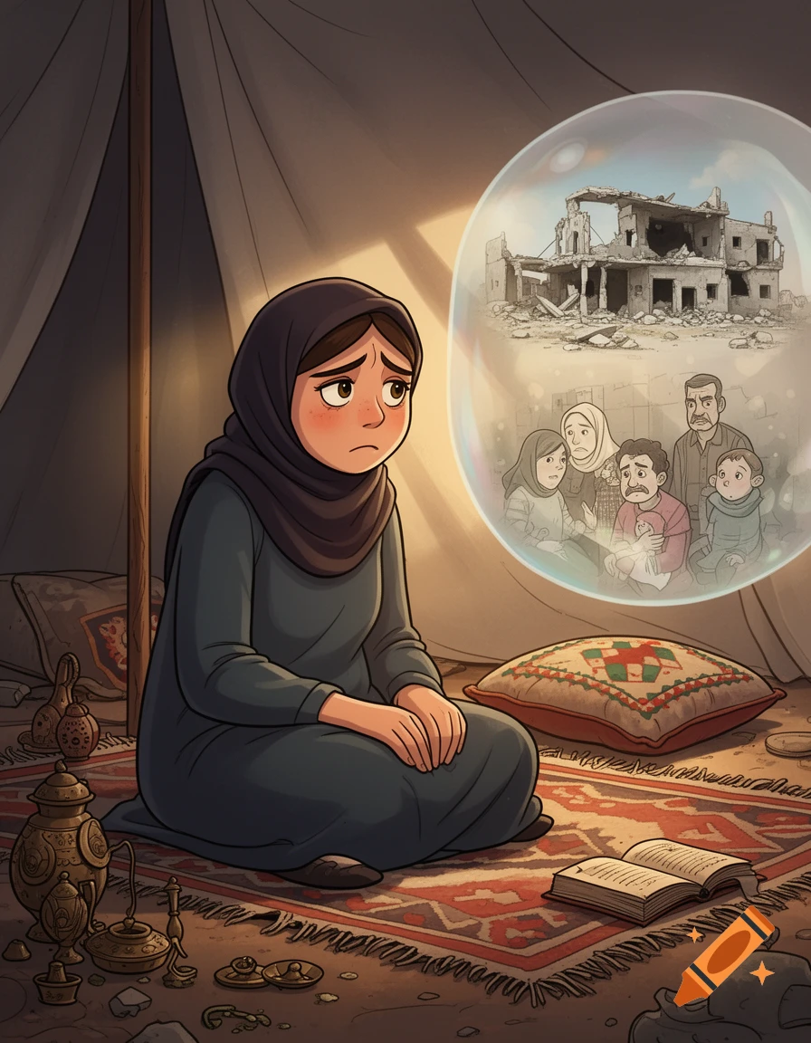 Cartoon illustration of a sad Palestinian woman in a tent, contemplating a memory bubble with her destroyed home and lost family.