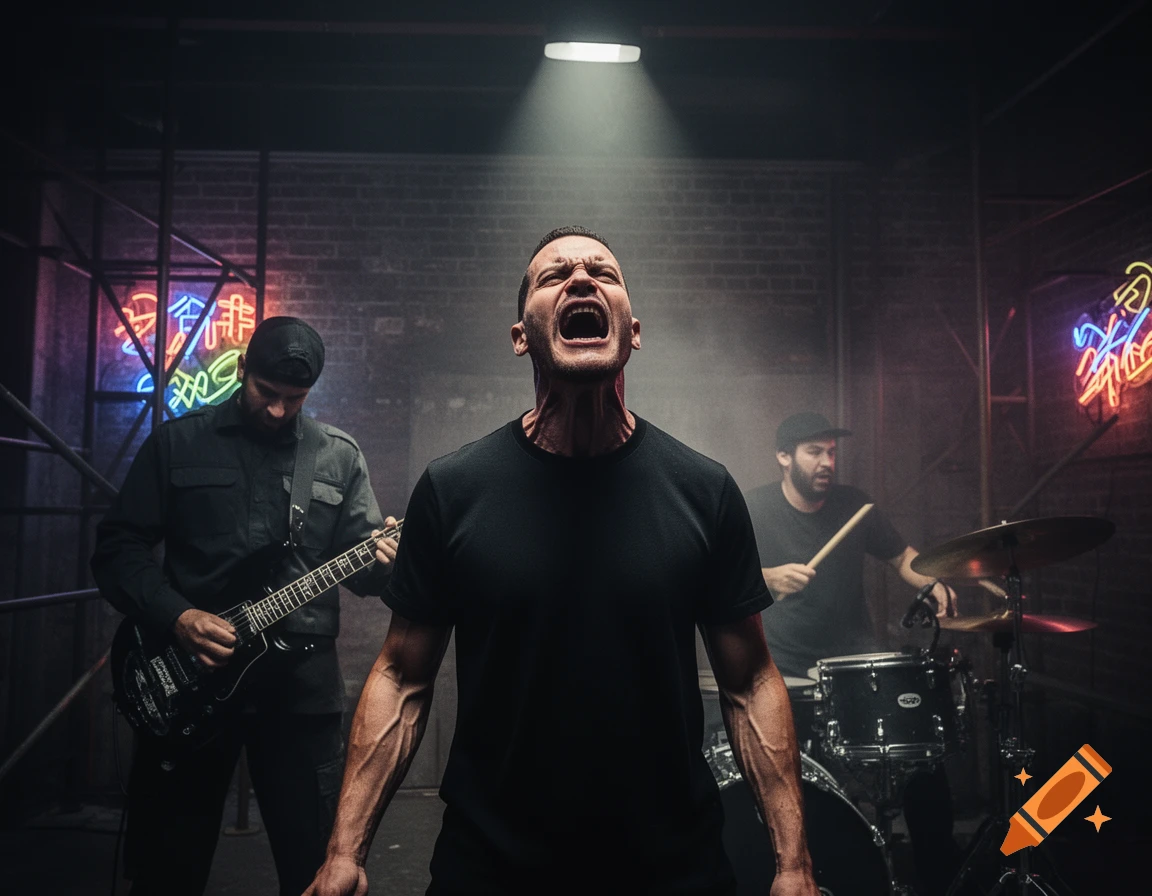 A photorealistic image of a male singer screaming into a spotlight with a guitarist and drummer behind him, under neon signs.