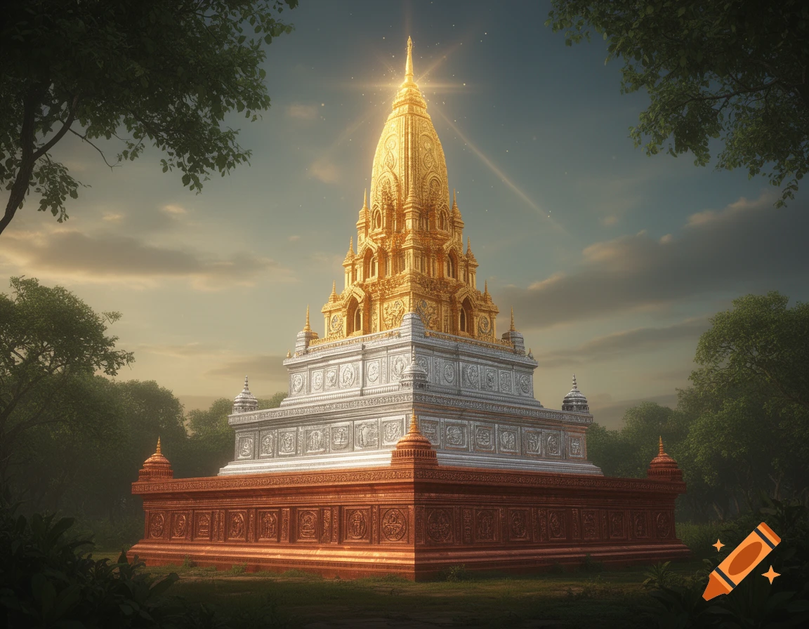 A majestic temple with a copper base, silver middle tier, and golden spire, surrounded by lush trees under a glowing sky.