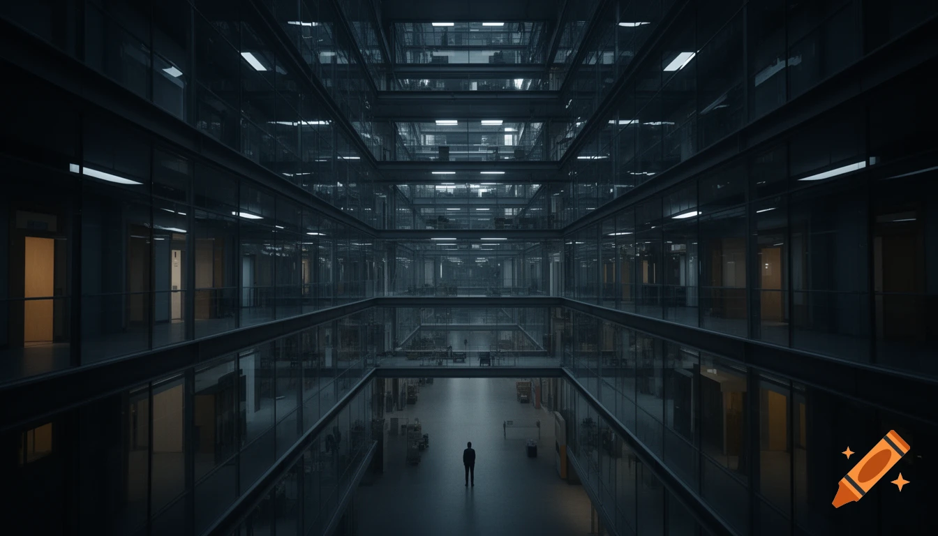 A wide-angle, dimly lit corporate building interior with a maze of glass corridors and a lone silhouette.