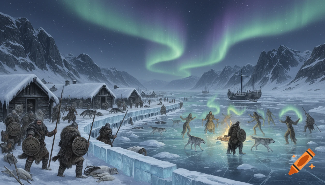 Detailed illustration of a Nordic tribe in a frozen village, with warriors, hunters, and a shaman's ritual under vibrant aurora borealis.
