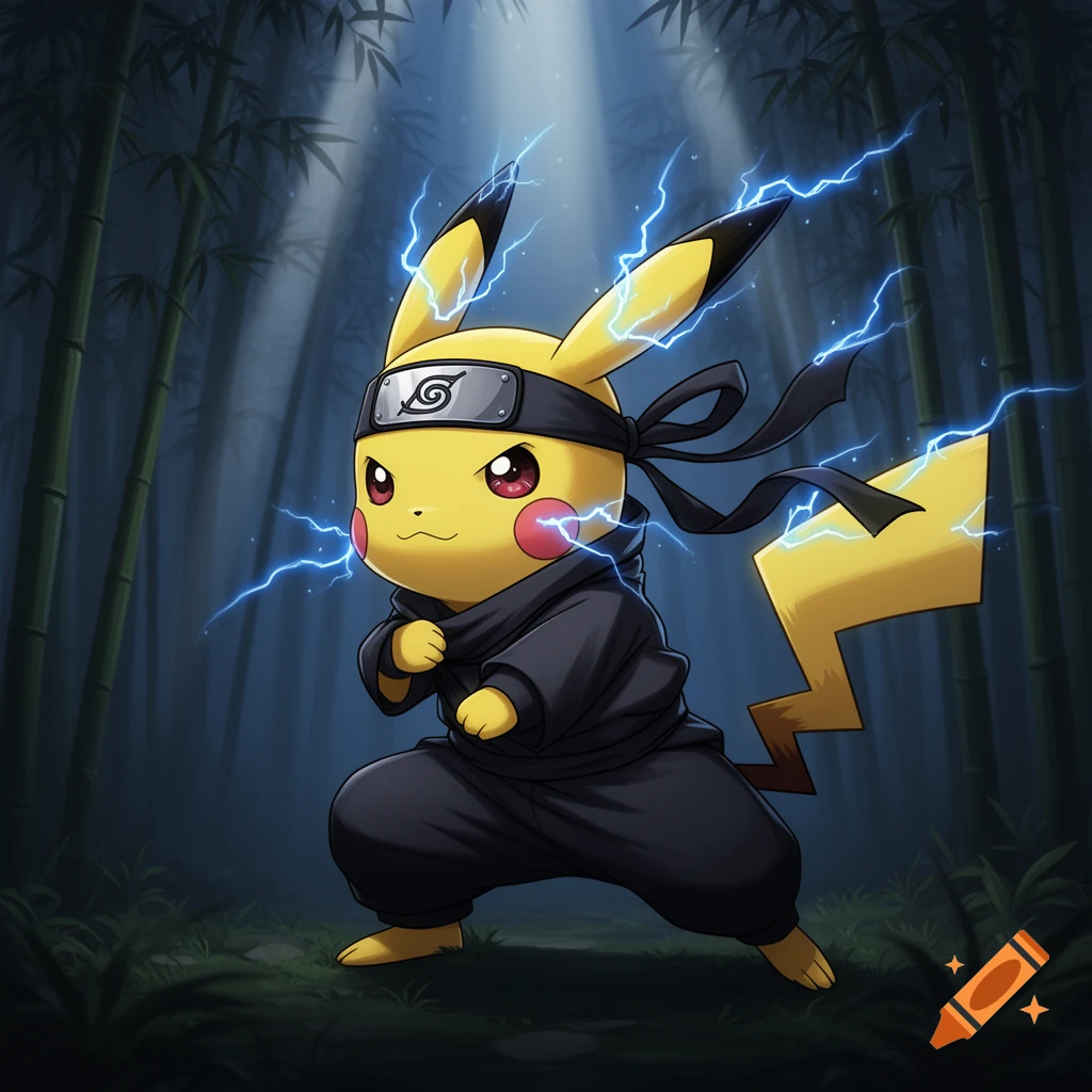 Pikachu dressed as a ninja, wearing a black gi and a headband with the Konoha symbol, stands in a bamboo forest with lightning effects.