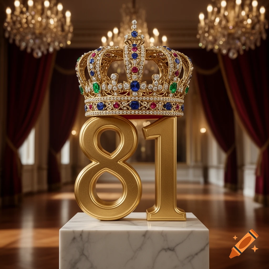 A golden crown adorned with colorful jewels sits atop large golden numbers '81' on a marble pedestal in a grand, chandelier-lit hall.
