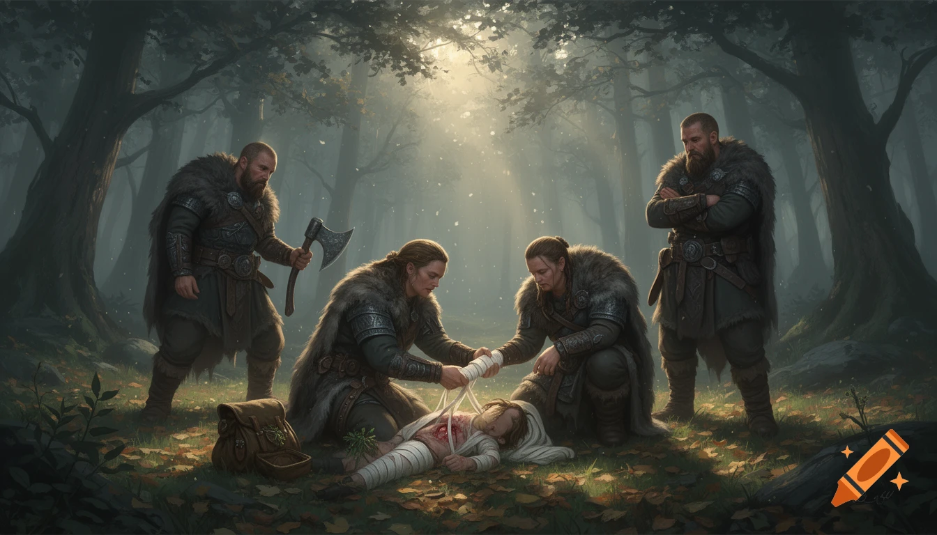 Four armored vikings tend to a wounded scout in a sunlit, misty forest, rendered in a painterly concept art style.