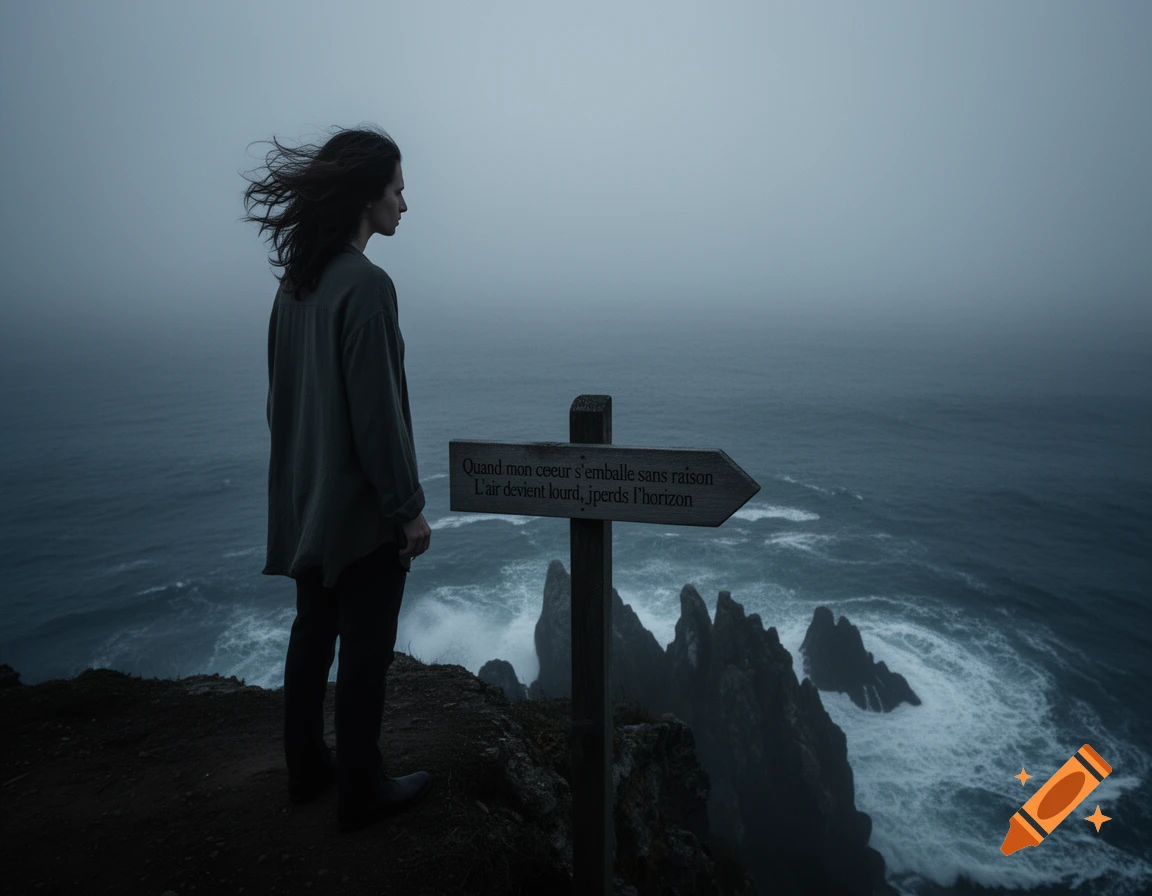 A person stands on a dark cliff overlooking a stormy, foggy ocean with a wooden sign pointing right.