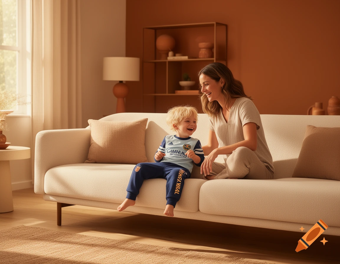 A blond toddler in a blue outfit laughs on a light-colored sofa next to a smiling woman in a warm-toned living room.