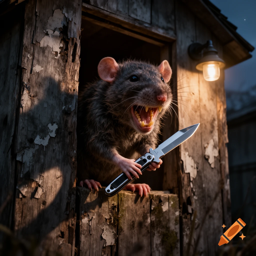 A photorealistic menacing rat with bared teeth holds a silver switchblade, peeking from a rustic wooden outhouse at dusk.