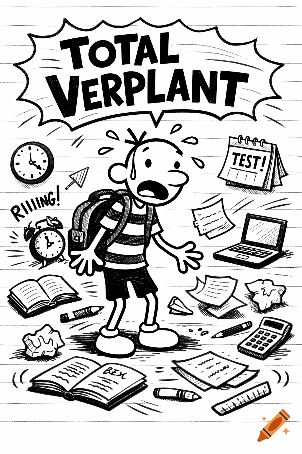 A black and white cartoon drawing of a stressed boy with a backpack, surrounded by scattered school supplies, clocks, and the text "TOTAL VERPLANT" in a speech bubble.