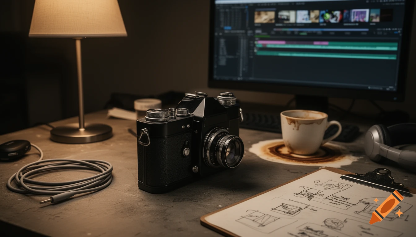 A vintage black camera sits on a desk next to a spilt coffee cup, a glowing lamp, and a monitor displaying video editing software. A clipboard with sketches is in the foreground.