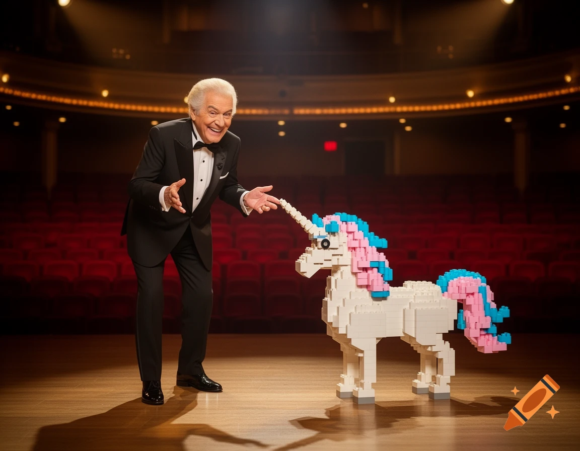 A smiling man in a tuxedo gestures towards a large, white Lego unicorn with pink and blue mane and tail on a spotlighted stage.