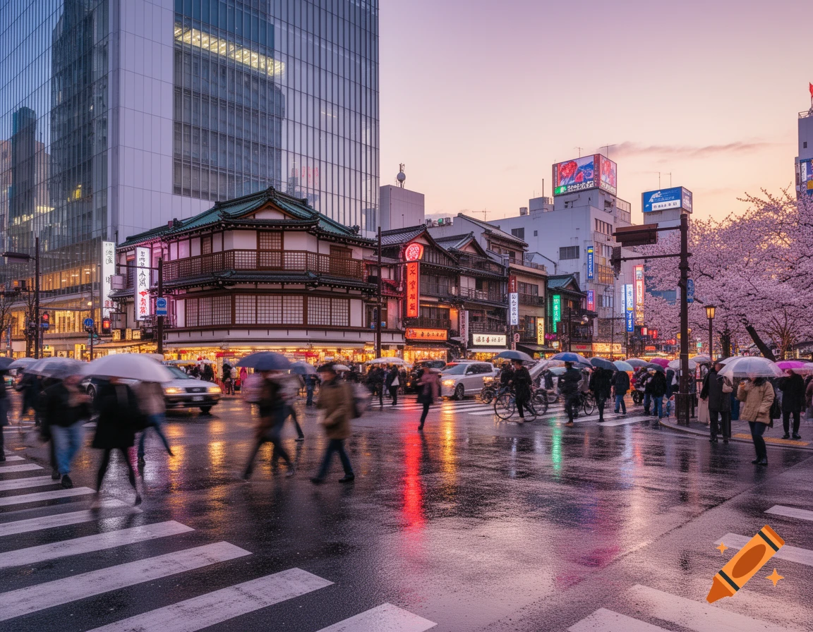 A rainy evening in a bustling Japanese city street with people under umbrellas, traditional buildings, modern skyscrapers, and cherry blossoms.