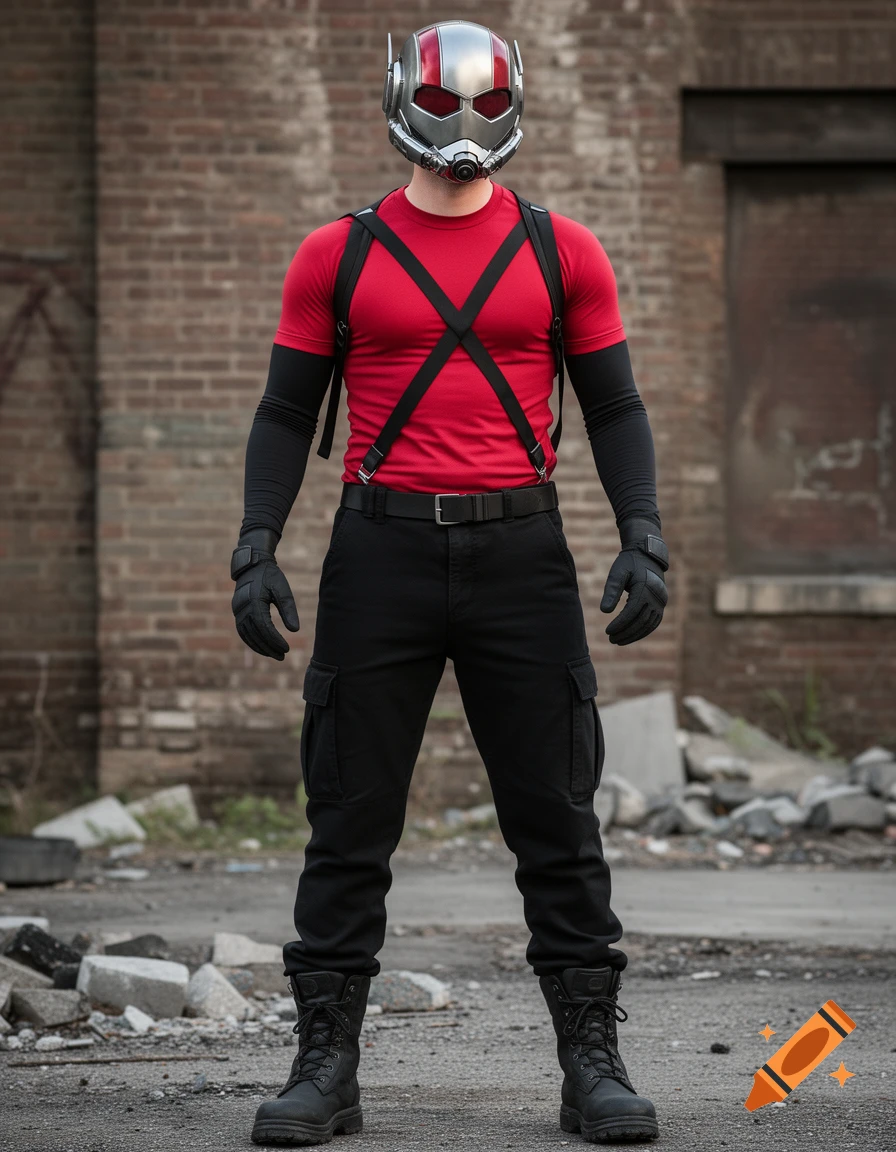 A man in a detailed Ant-Man helmet, red shirt, black suspenders, cargo pants, and boots stands in an urban setting.