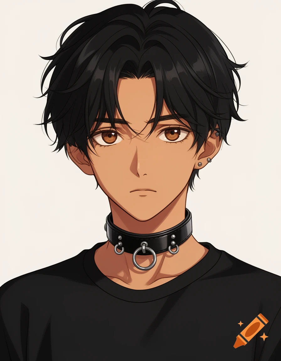 Anime portrait of a young person with dark skin, black hair, brown eyes ...
