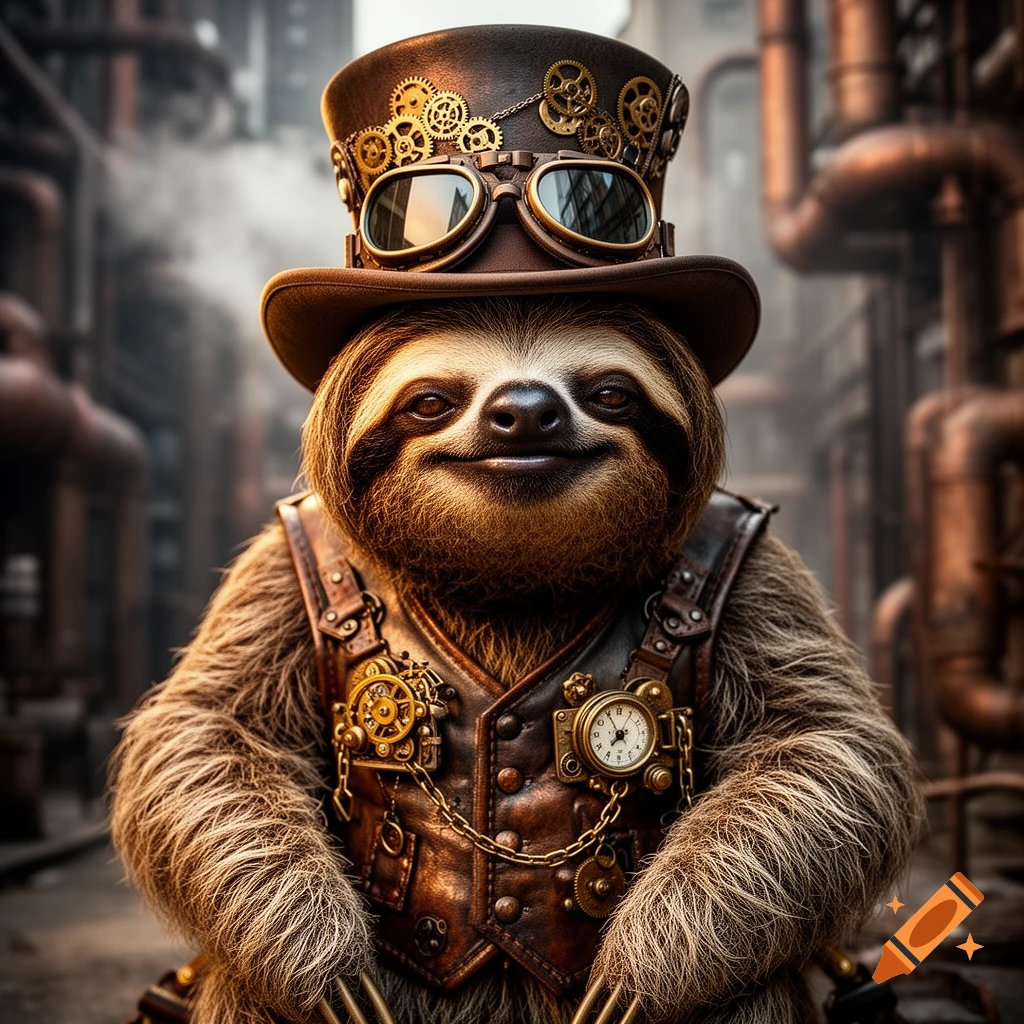 Smiling steampunk sloth in a top hat, goggles, and gear-adorned leather vest in an industrial setting.