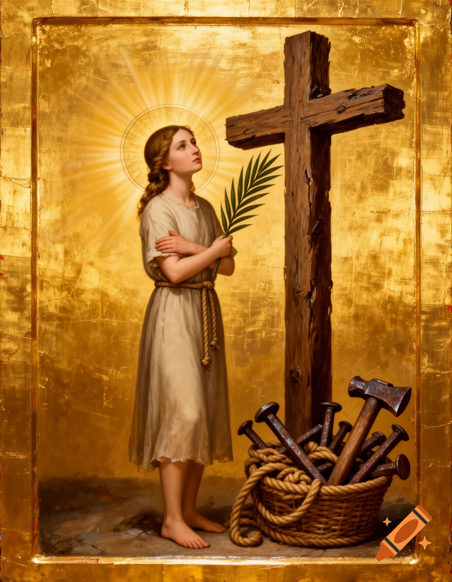 Young woman with halo and palm frond looks at a large wooden cross, basket of nails and rope at its base, in a golden icon style.