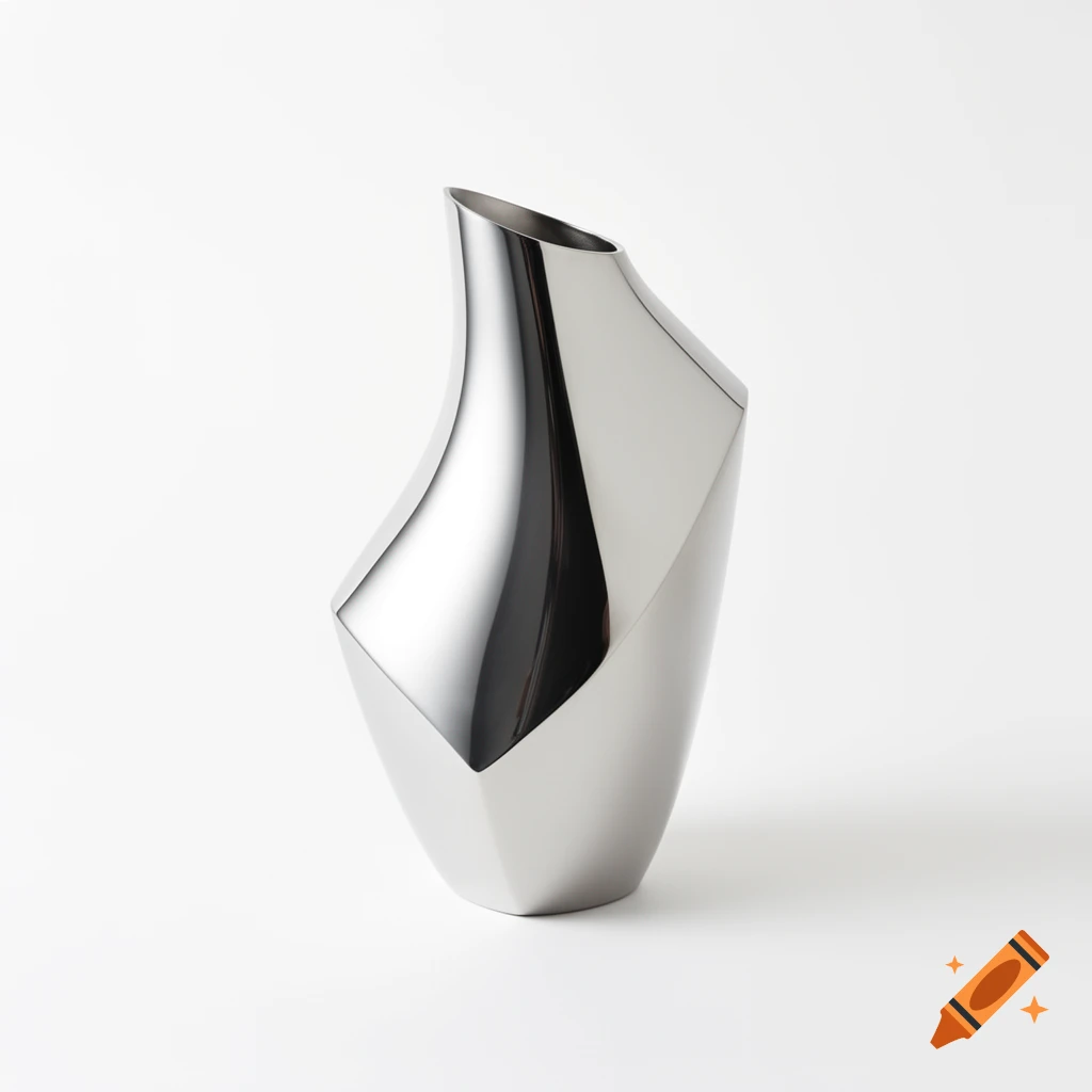 A sleek, silver metallic modern vase with an abstract, faceted design against a clean white background.