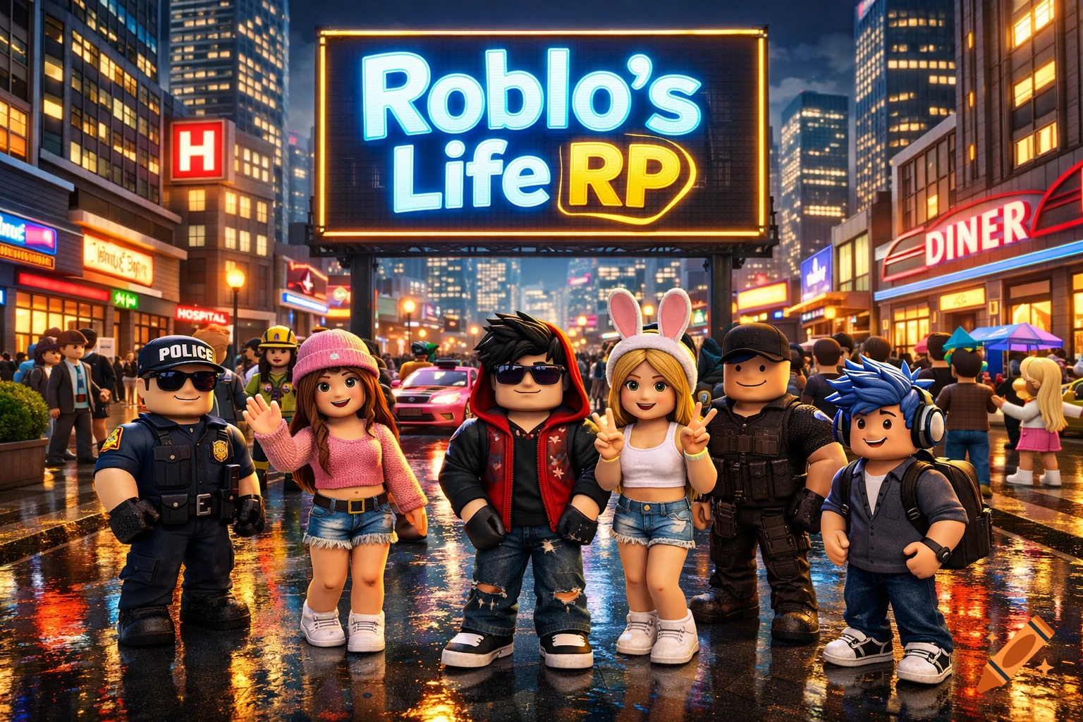 Roblox-style characters pose on a wet city street at night under a large neon sign reading 'Roblo's Life RP'.