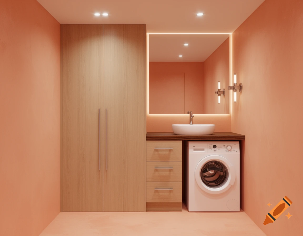 Modern bathroom with orange walls, a wood cabinet, washing machine, vessel sink, and an illuminated mirror.