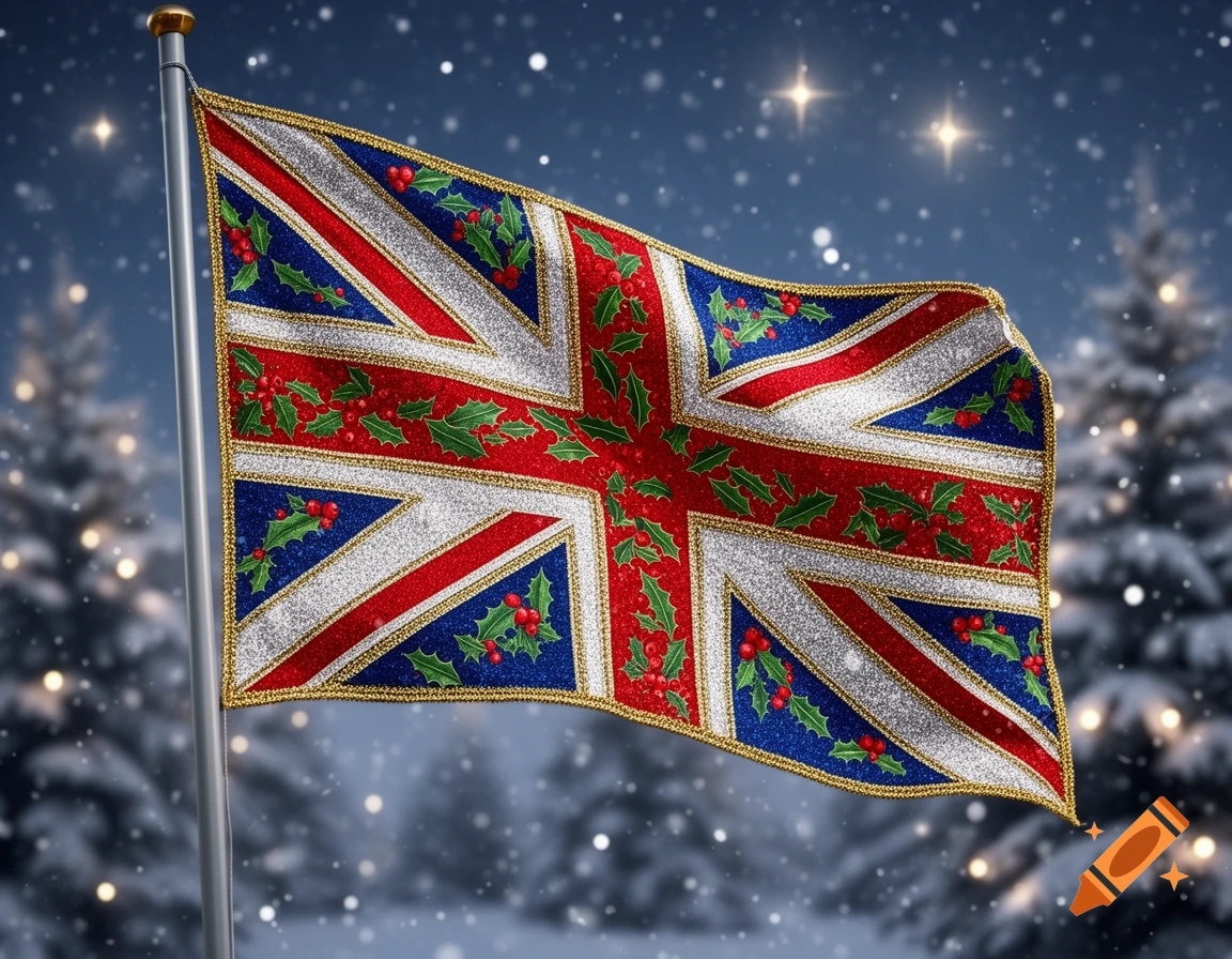 Glittering Union Jack flag adorned with holly and berries, waving against a snowy night sky with twinkling lights.