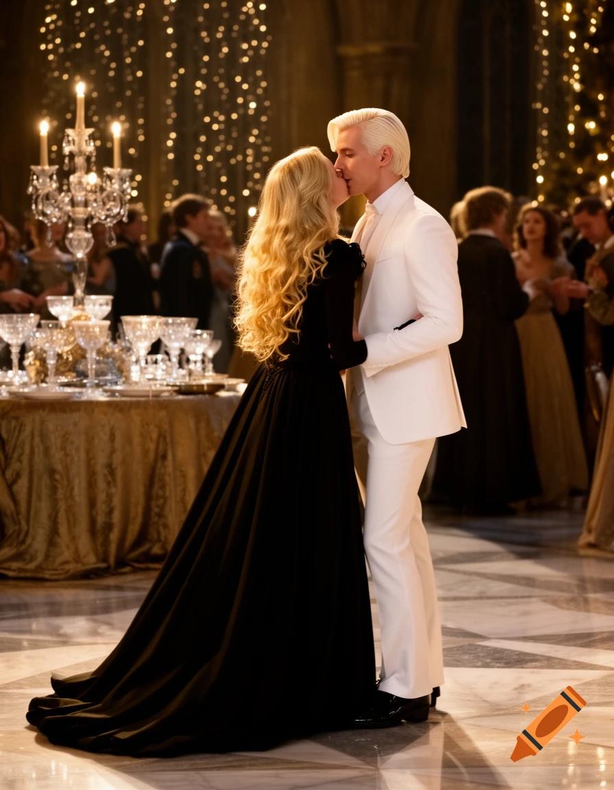 A blonde woman in a black gown kisses Draco Malfoy in a white suit at a sparkling Yule Ball with elegant decorations.