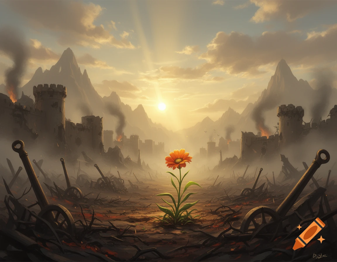 Fantasy concept art of a war-torn landscape with ruined castles, cannons, and a single orange flower under a sunny sky.